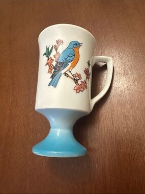 Vintage Blue Bird & Pink Floral Footed Ceramic Mug Made in Japan